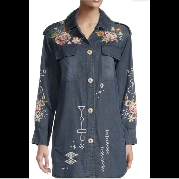 🔥🔥NWT Johnny Was Umoya Oversized Denim Blue With Floral Embroidery Jacket Large - Picture 8 of 14